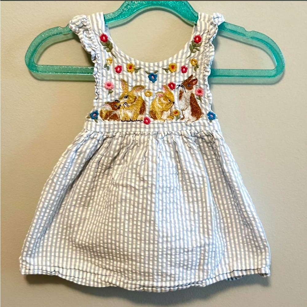 18-24m Baby Boden Light Blue & White Striped Seersucker Dress Embroidery 🐰